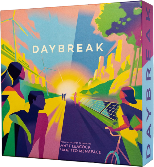 Front of game box, featuring a sun rising with a walkway with several people 