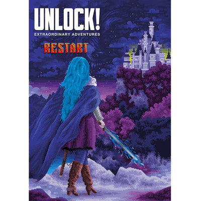 Purple and blue hued night landscape with a castle in the distance and a character overlooking the view