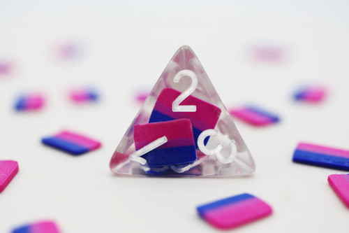 Close up of clear dice, with white numbers, and mini bisexual flags within 