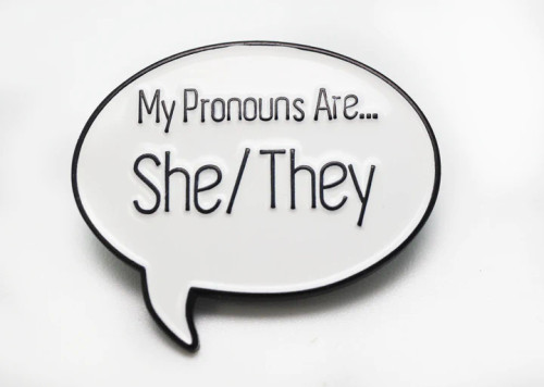 Enamel pin reading "My pronouns are She/They"