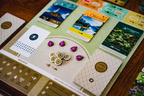Close up of game components featuring leaf tokens and with cards on a board