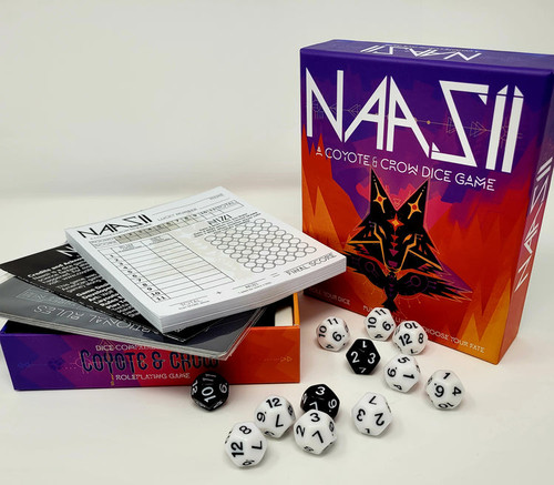 The game components featuring a score pad, rule book and many black and white dice