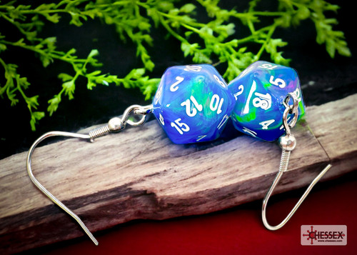 Pair of earrings featuring blue, green and white twenty-sided dice