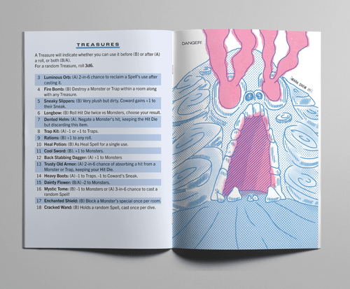 The treasures page with random table roll options and explanations and a pink tunnel with pink steam coming out of 2 holes above the entrance 