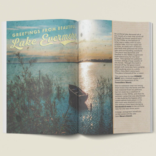 lookout of a lake with an empty row boat and column of text