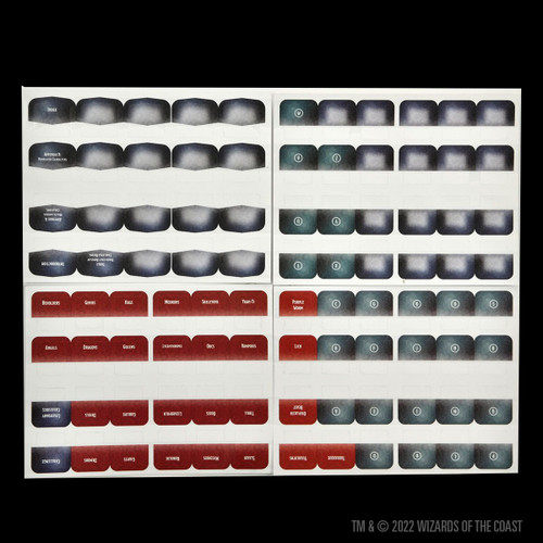 a view of all the tabs, not yet applied, in dark red, black and marble green
