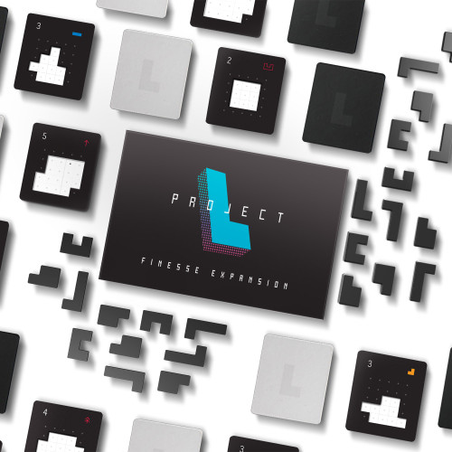 Game box surrounded by components different shaped grey pieces and numbered cards with white spaces