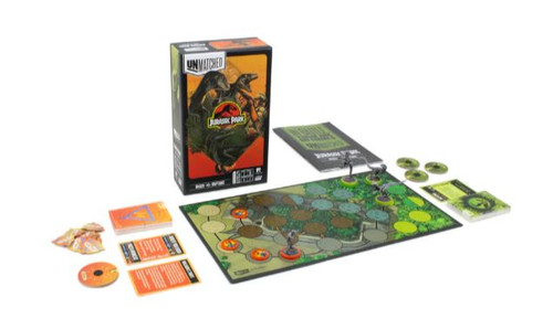 Game layout featuring a map like game board with tokens and miniatures and card deck