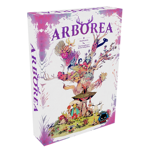 Front of game box (purple and white) featuring many fantasy characters on a tree