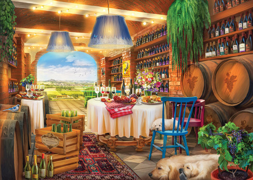 Close up of completed puzzle featuring a cozy winery with barrels and bottles and an archway to the vineyard 