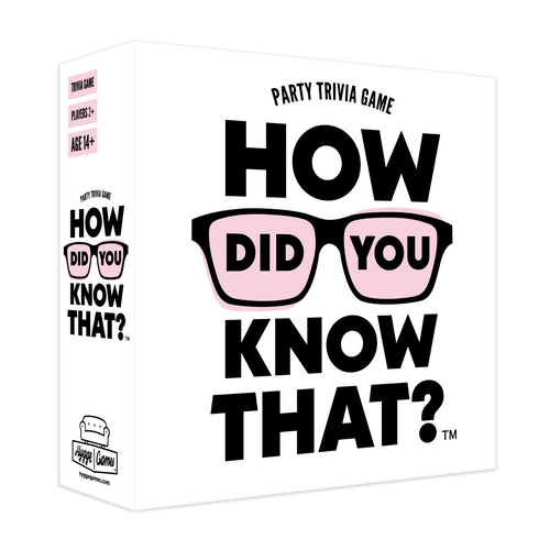 A white game box with glasses with pink lens and the game title in bold black font