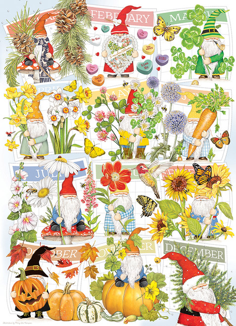 A Happy Gnome Life puzzle image, a gnome and plantlife for each month of the year