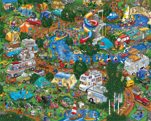 Close up of a chaotic busy campground scene