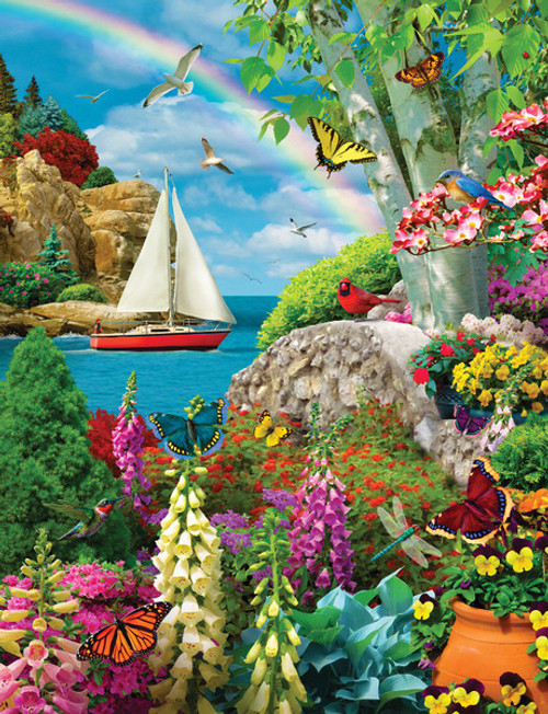 completed puzzle image of   butterfly garden and a sailboat in the harbor