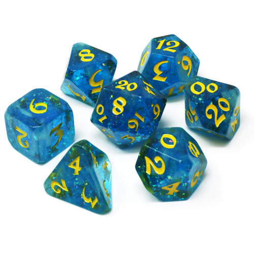 Translucent blue with gold flakes and yellow inking dice set