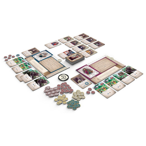 a two player game setting with cards and tokens and several character cards