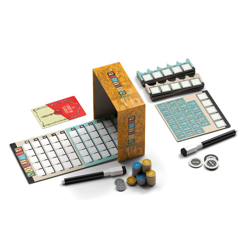 Game layout during play with the box acting as a shield with dry erase markers and cards and tokens