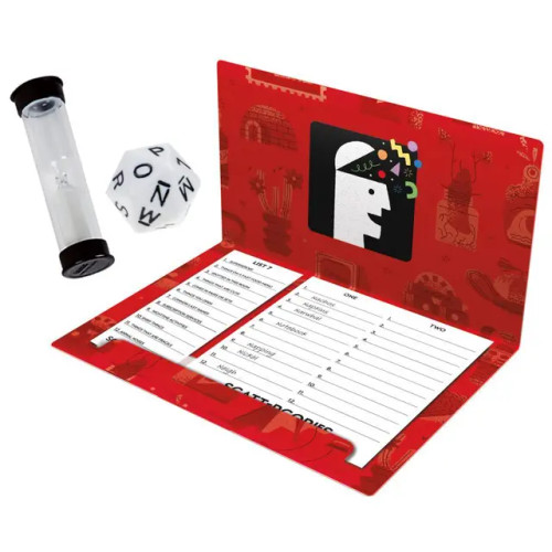 A sand timer, dice and folder holding card