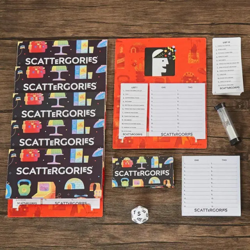 Lay out of all included contents 6 folders, answer pad, 20-sided die, 48 category cards, timer, and instructions.