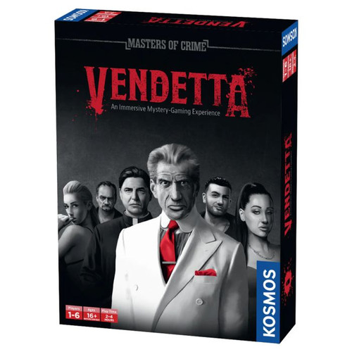 Masters of Crime Vendetta box cover, depicting a series of serious looking suspects in grayscale