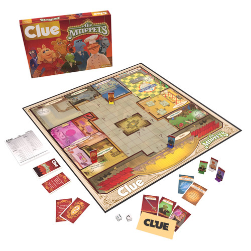 CLUE board game with Muppet theming with components cards, map/board, and dice