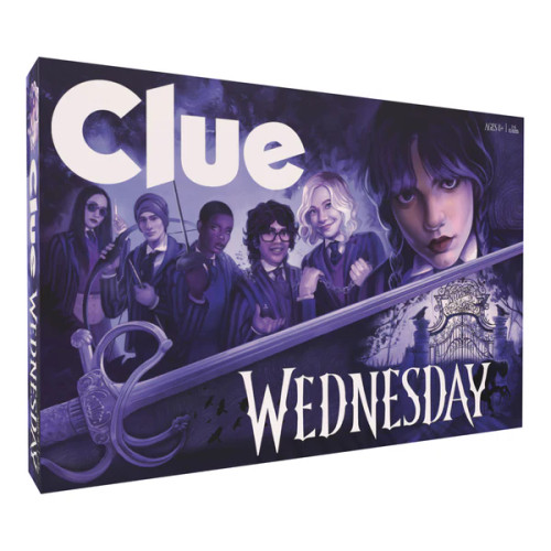 CLUE Wednesday game box, depicting a drawn rendition of characters from the Wednesday TV show