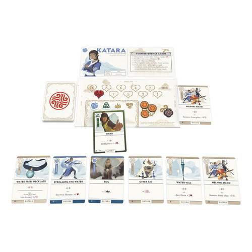 One player's character place with cards in play and resources