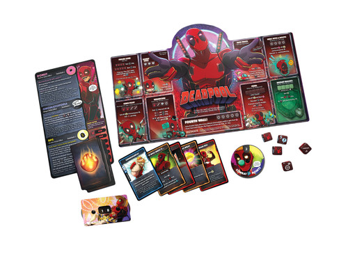 The character sheet with all the components for one player themed as Deadpool
