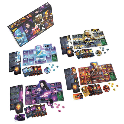 Individual player set up for Iceman, Psylocke, Storm, and Wolverine.