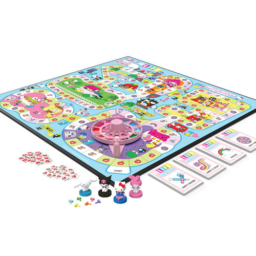 The game layout  with themed components, a board, spinner, mini cats for character tokens and cards