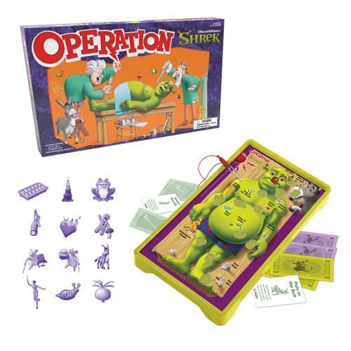 A green shrek on the operation board with purple pieces and cards