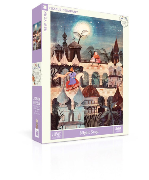 White and purple puzzle box, with a A prince and princess gracefully ride their horses through the town during the night
