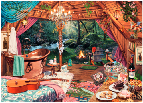 Cozy Glamping puzzle image, depicting the interior of a furnished wood camping hut with a view out into a forest