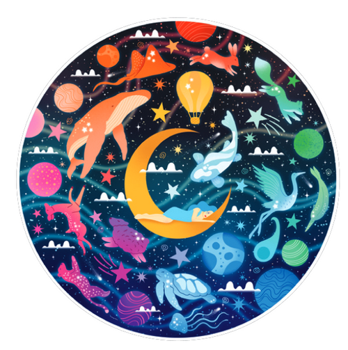 Dreams puzzle image, depicting animals floating among stars in a gradient color pattern