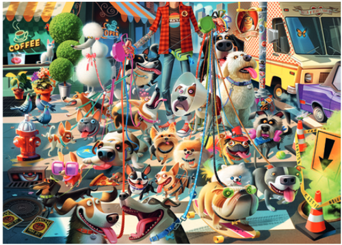 The Dog Walker puzzle image, depicting many caricatured dogs on leashes