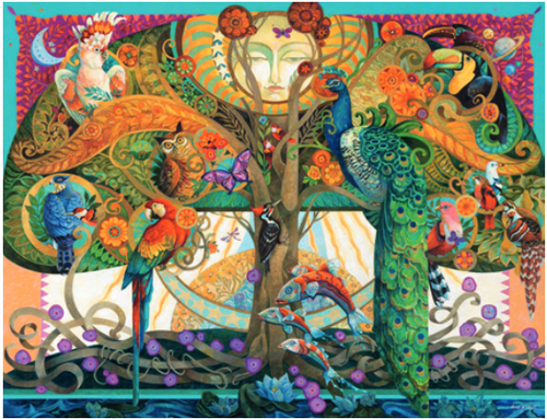 On the 5th Day puzzle image, artistic depicting of exotic birds in a tree