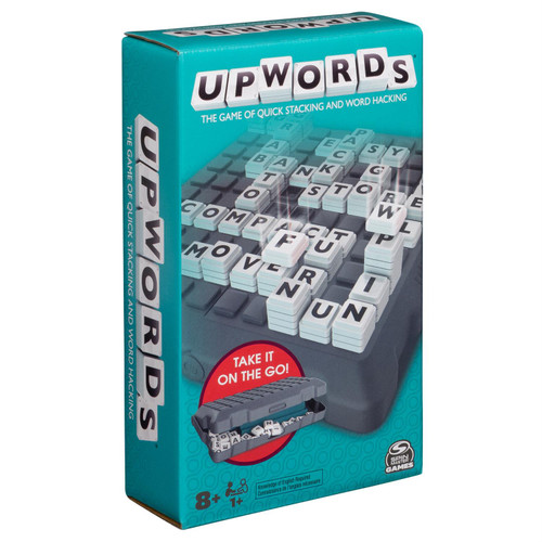 Game box front of teal box with letters stacked on a grey board game board.