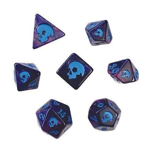 Dreadgloom RPG dice set with skulls on maximum value faces