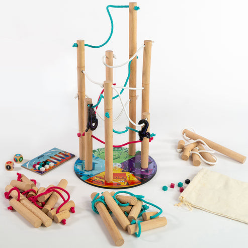 Game components Denchuu (Electric poles) being built with little black cats hanging from them 