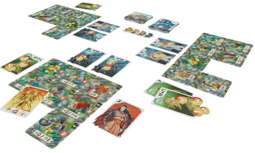 Vampire Village gameplay, in which each player has a grid of building cards