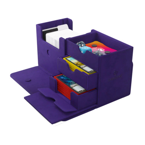 The Academic deckbox, open and containing a variety of cards and dice