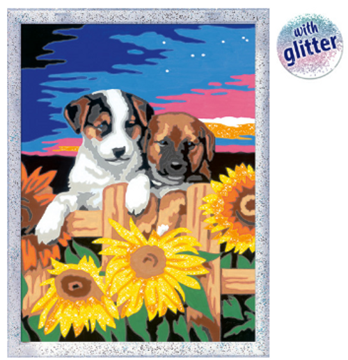 CreArt final image, depicting two dogs at sunset with sunflowers