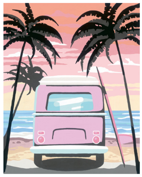 CreArt final image, depicting a van on a beach beneath palm trees