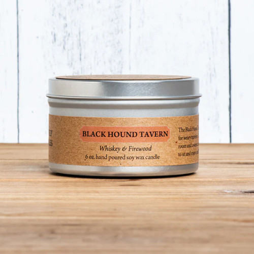 Blackhound Tavern candle tin with parchment style label