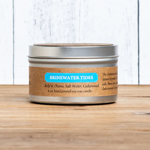 Brinewater Tides candle tin with parchment style label