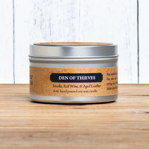 Den of Thieves candle tin with parchment style label