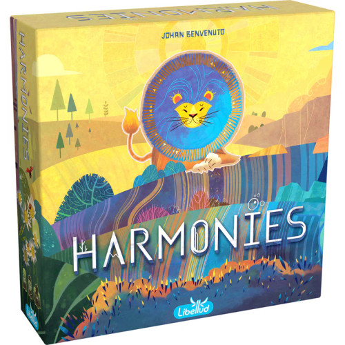 Harmonies game box, depicting a colorful lion in a textured artistic field