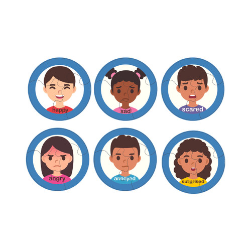 6 circle puzzles with emotions expressed and written 