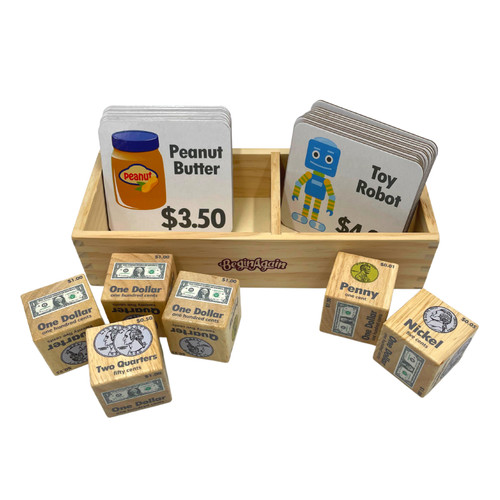 money blocks with different amounts and object cards with prices 