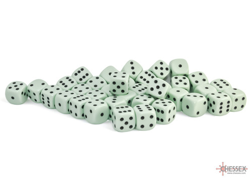 Pastel green dice with black pips